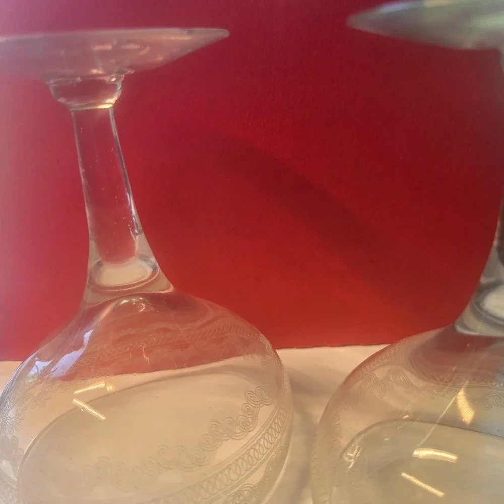 Set of 6 Vtg Fostoria Needle Etched Cloverleaf Sherbet/Champagne Glasses